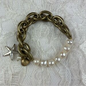 NEW Cultured Pearl & Chunky Chain Link Charm Bracelet Coastal Timeless Shell